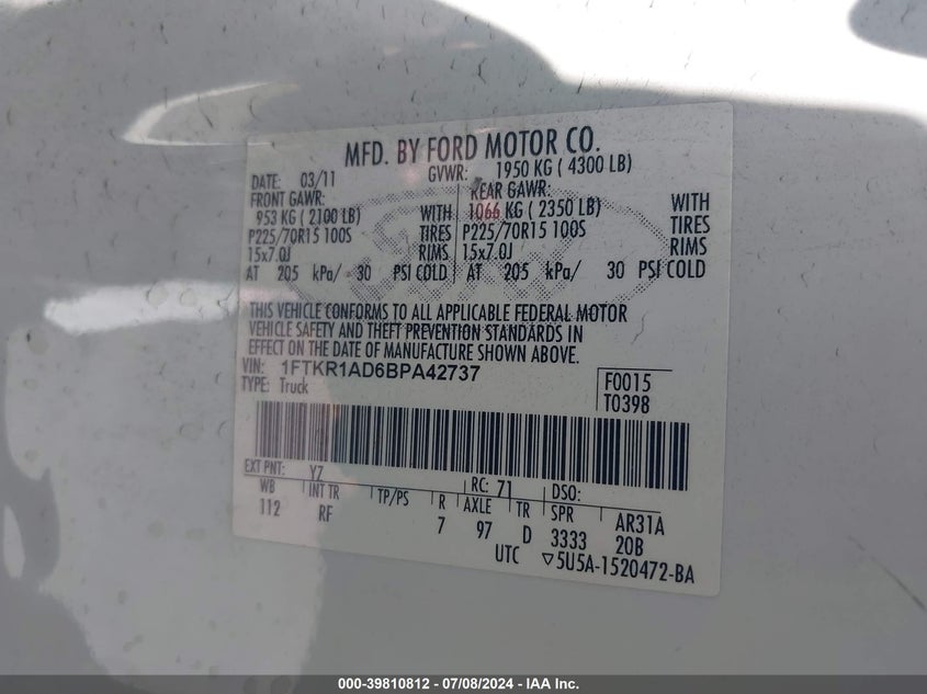 2011 Ford Ranger Xl VIN: 1FTKR1AD6BPA42737 Lot: 39810812