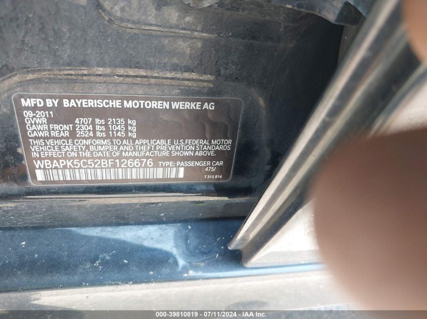 2011 BMW 328I xDrive VIN: WBAPK5C52BF126676 Lot: 39810819