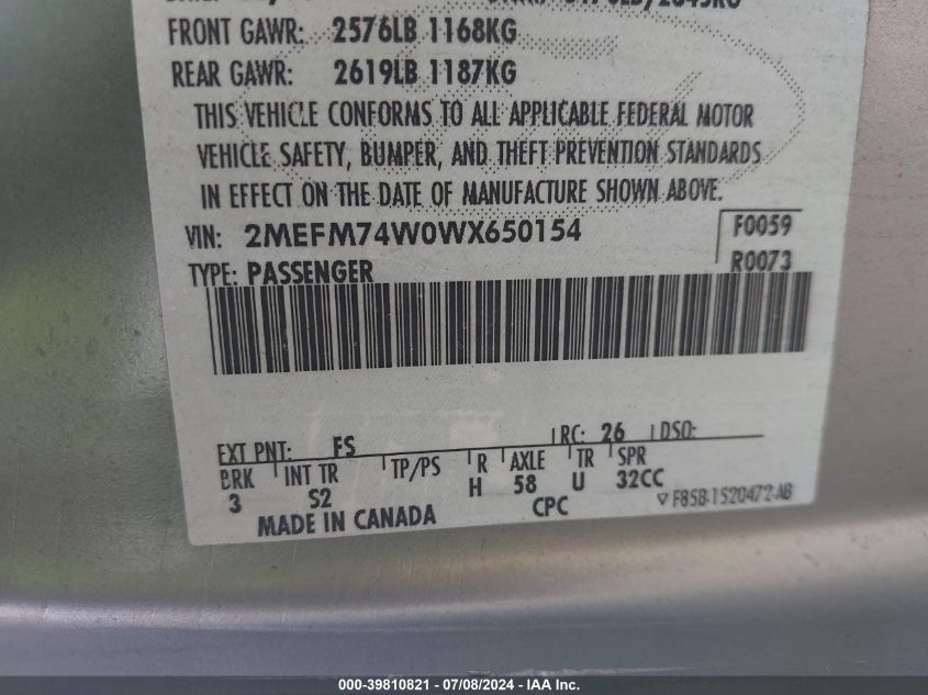 1998 Mercury Grand Marquis Gs VIN: 2MEFM74W0WX650154 Lot: 39810821