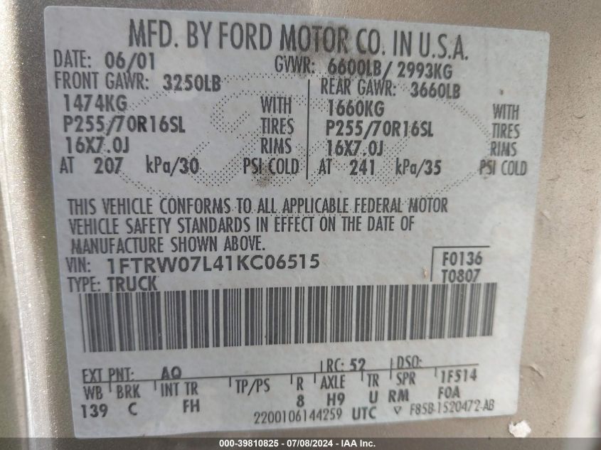 2001 Ford F150 Supercrew VIN: 1FTRW07L41KC06515 Lot: 39810825