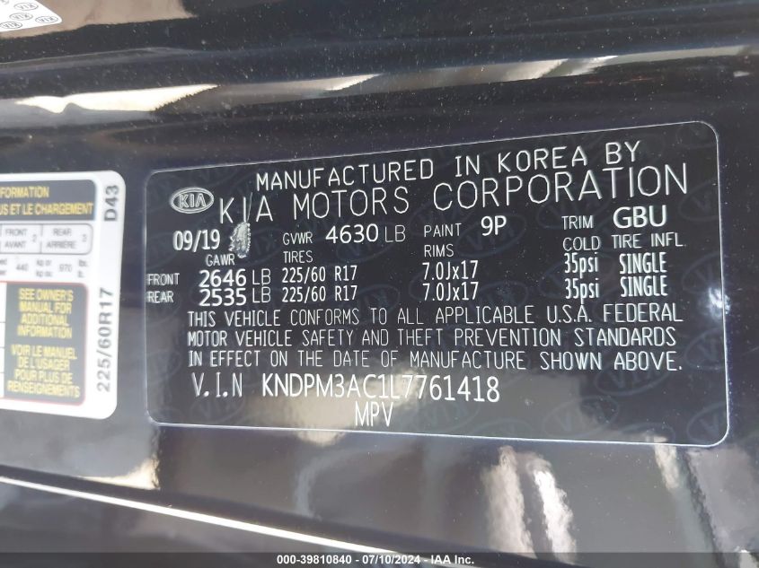 VIN KNDPM3AC1L7761418 2020 KIA SPORTAGE LX