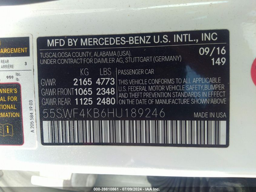 2017 Mercedes-Benz C 300 300 4Matic VIN: 55SWF4KB6HU189246 Lot: 39810861