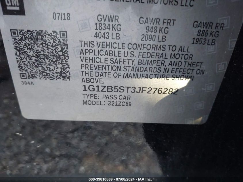 2018 Chevrolet Malibu Ls VIN: 1G1ZB5ST3JF276282 Lot: 39810869