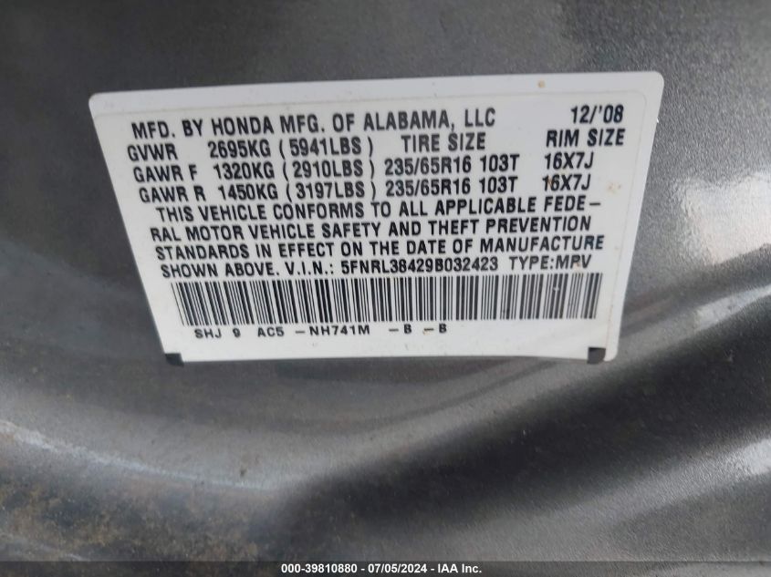 2009 Honda Odyssey Ex VIN: 5FNRL38429B032423 Lot: 39810880