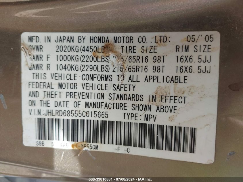 2005 Honda Cr-V Lx VIN: JHLRD68555C015665 Lot: 39810881