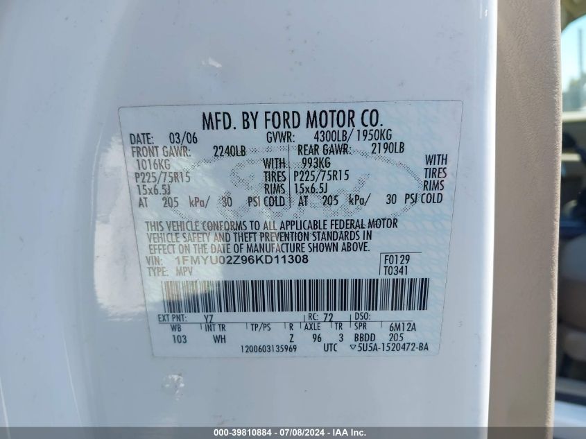 2006 Ford Escape Xls/Xls Manual VIN: 1FMYU02Z96KD11308 Lot: 39810884