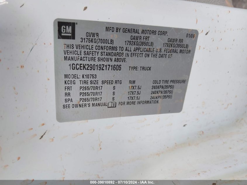 2009 Chevrolet Silverado 1500 Lt VIN: 1GCEK29019Z171606 Lot: 39810892