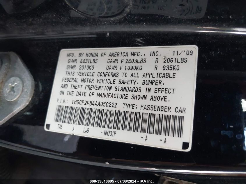 2010 Honda Accord 2.4 Ex-L VIN: 1HGCP2F84AA050222 Lot: 39810895