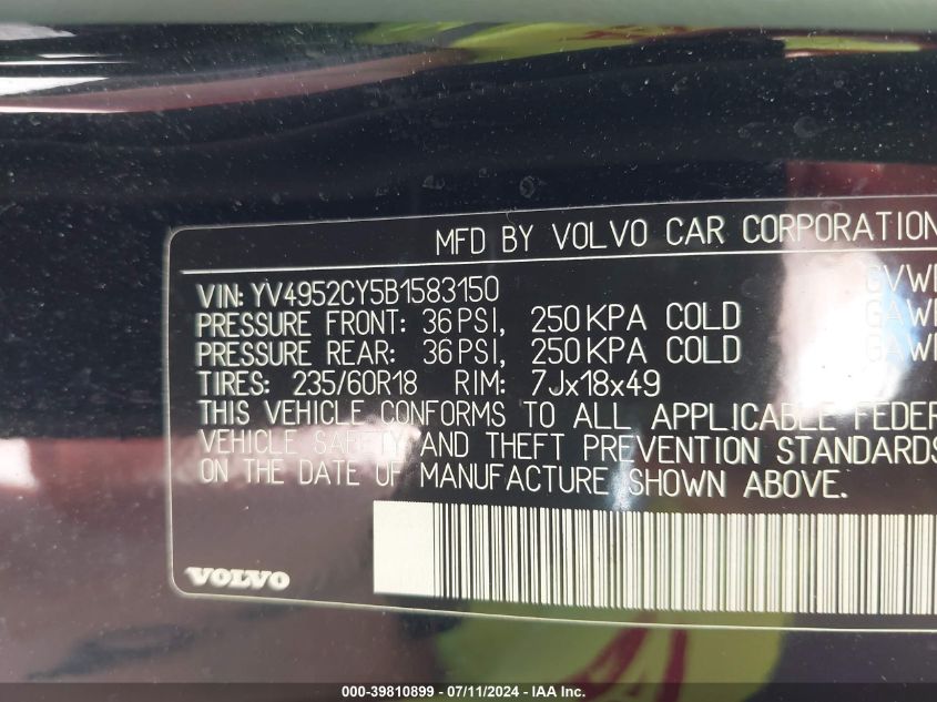 2011 Volvo Xc90 3.2 VIN: YV4952CY5B1583150 Lot: 39810899