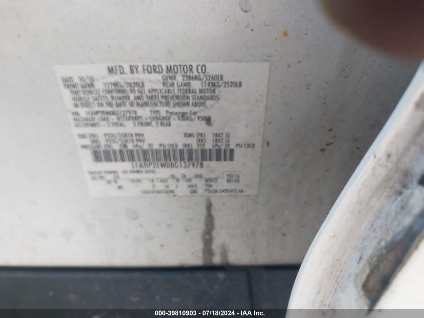 2011 Ford Taurus Sel VIN: 1FAHP2EW0BG137978 Lot: 39810903