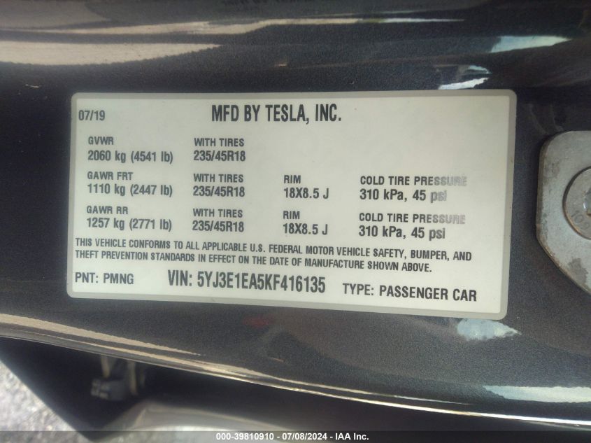 2019 Tesla Model 3 Long Range/Mid Range/Standard Range/Standard Range Plus VIN: 5YJ3E1EA5KF416135 Lot: 39810910