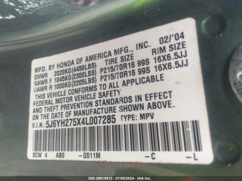 2004 Honda Element Ex VIN: 5J6YH275X4L007285 Lot: 39810913
