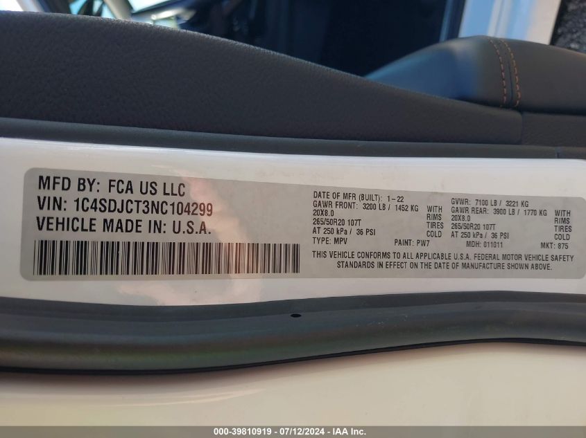 2022 Dodge Durango - 1C4SDJCT3NC104299