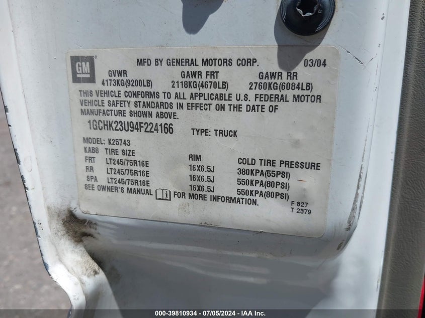 2004 Chevrolet Silverado 2500Hd Lt VIN: 1GCHK23U94F224166 Lot: 39810934