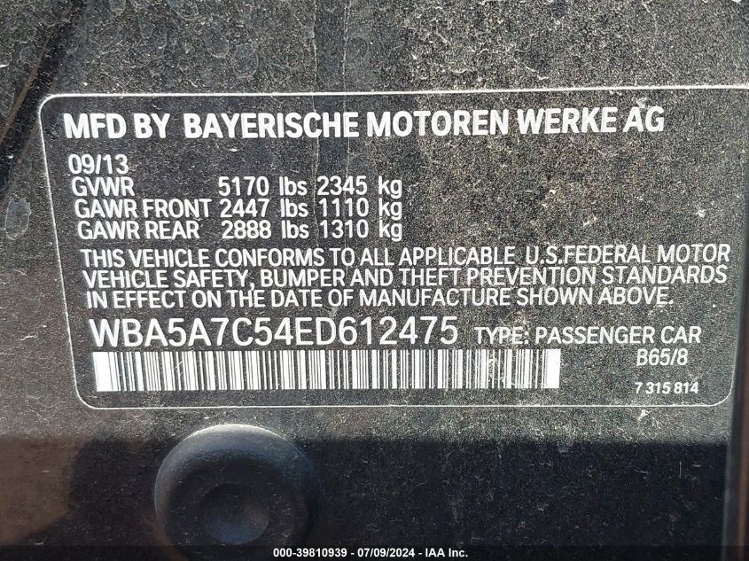 2014 BMW 528I xDrive VIN: WBA5A7C54ED612475 Lot: 39810939