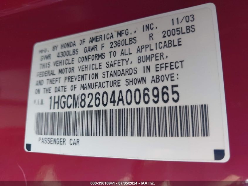 2004 Honda Accord 3.0 Ex VIN: 1HGCM82604A006965 Lot: 39810941