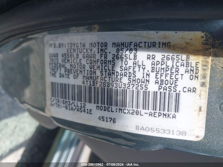 2003 Toyota Avalon Xl VIN: 4T1BF28B93U327255 Lot: 39810962