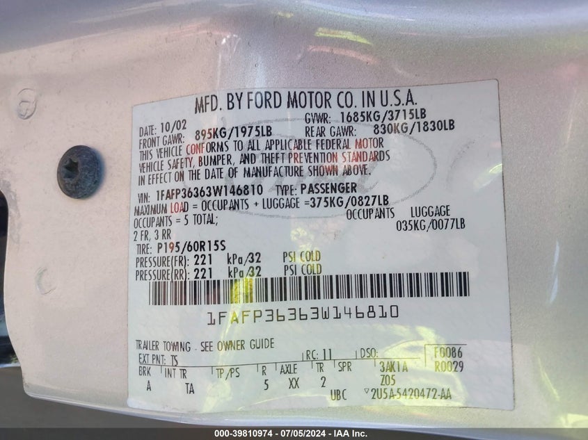 2003 Ford Focus Se/Ztw VIN: 1FAFP36363W146810 Lot: 39810974