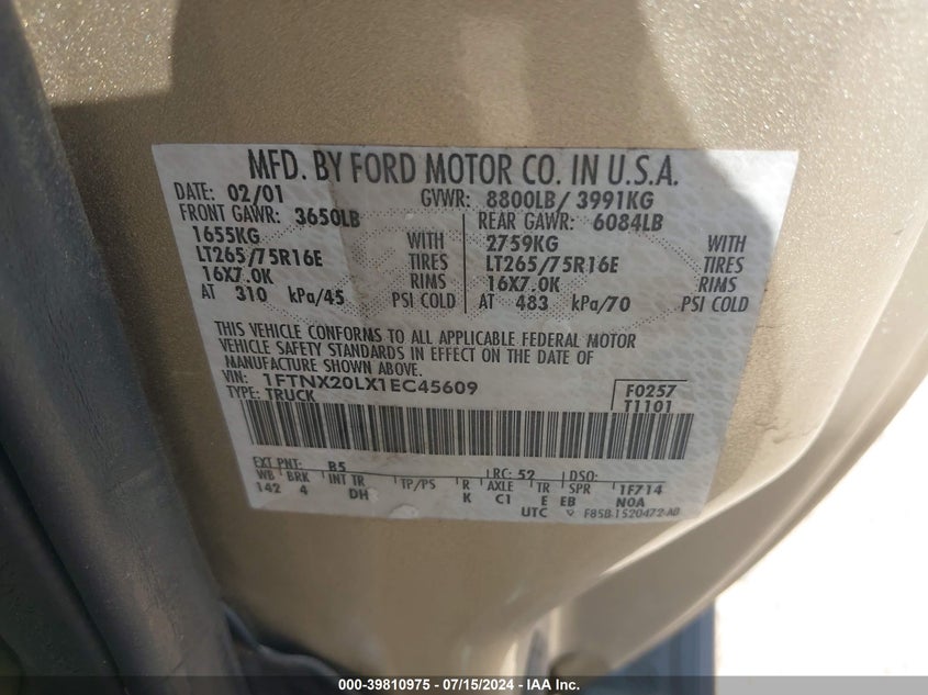 2001 Ford F-250 Lariat/Xl/Xlt VIN: 1FTNX20LX1EC45609 Lot: 39810975