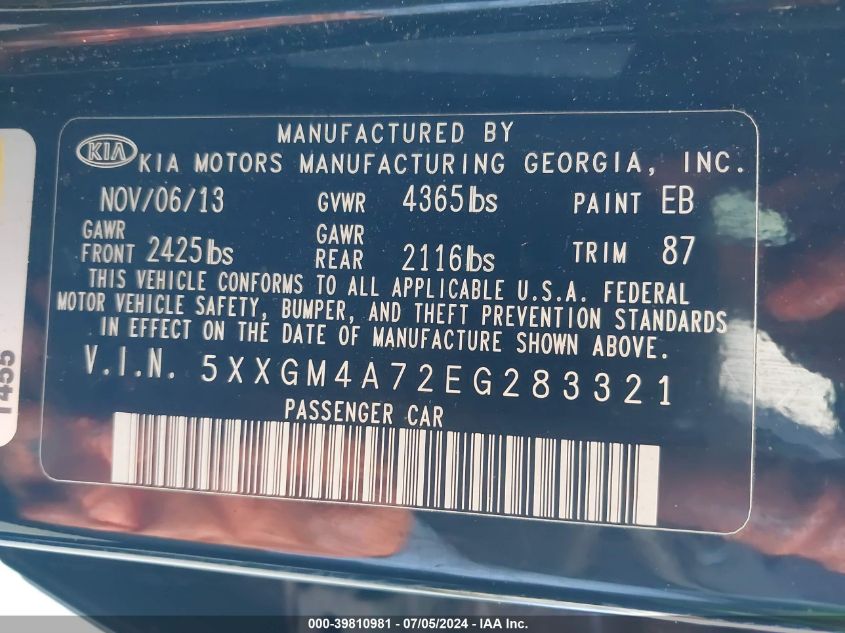 2014 Kia Optima Lx VIN: 5XXGM4A72EG283321 Lot: 39810981