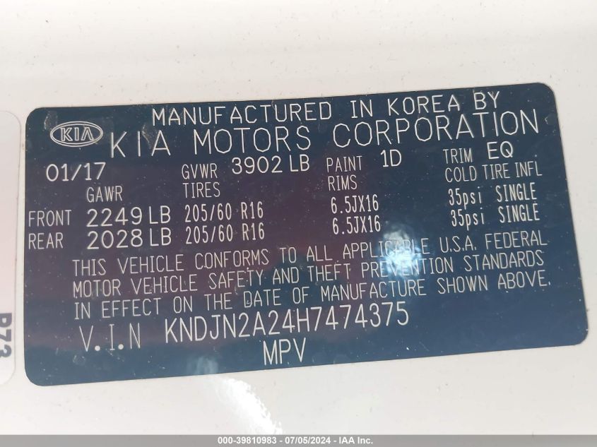 2017 Kia Soul VIN: KNDJN2A24H7474375 Lot: 39810983