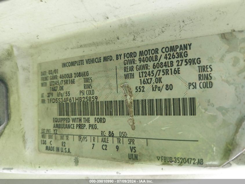 2001 Ford Econoline E350 Super Duty Van VIN: 1FDSS34F61HB25859 Lot: 39810990