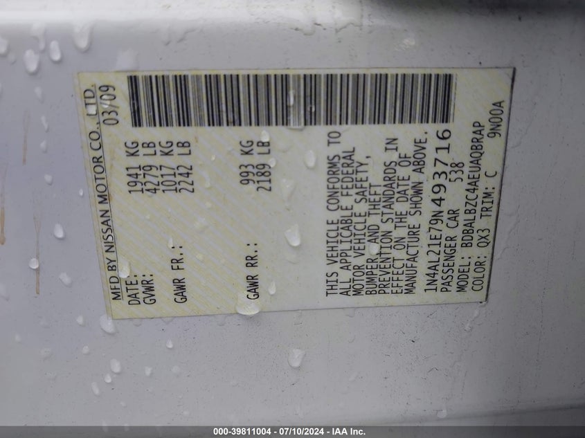 2009 Nissan Altima 2.5/2.5S VIN: 1N4AL21E79N493716 Lot: 39811004