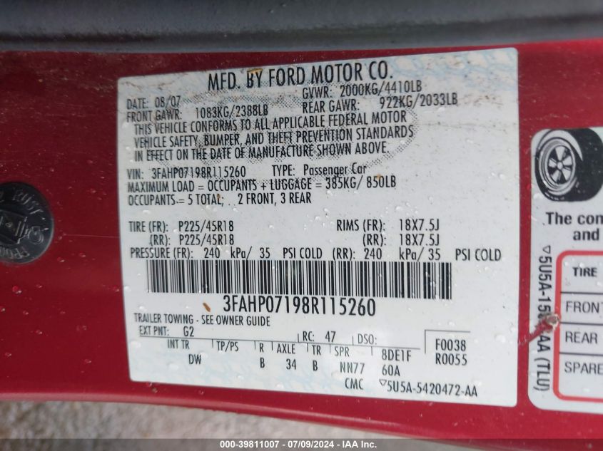 2008 Ford Fusion Se VIN: 3FAHP07198R115260 Lot: 39811007