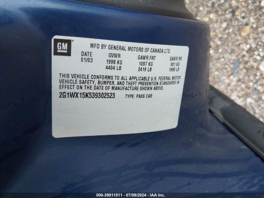 2003 Chevrolet Monte Carlo Ss VIN: 2G1WX15K539302523 Lot: 39811011
