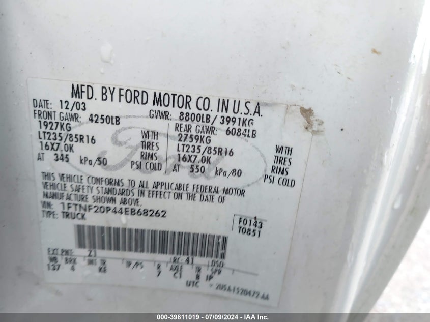 2004 Ford F-250 Xl/Xlt VIN: 1FTNF20P44EB68262 Lot: 39811019