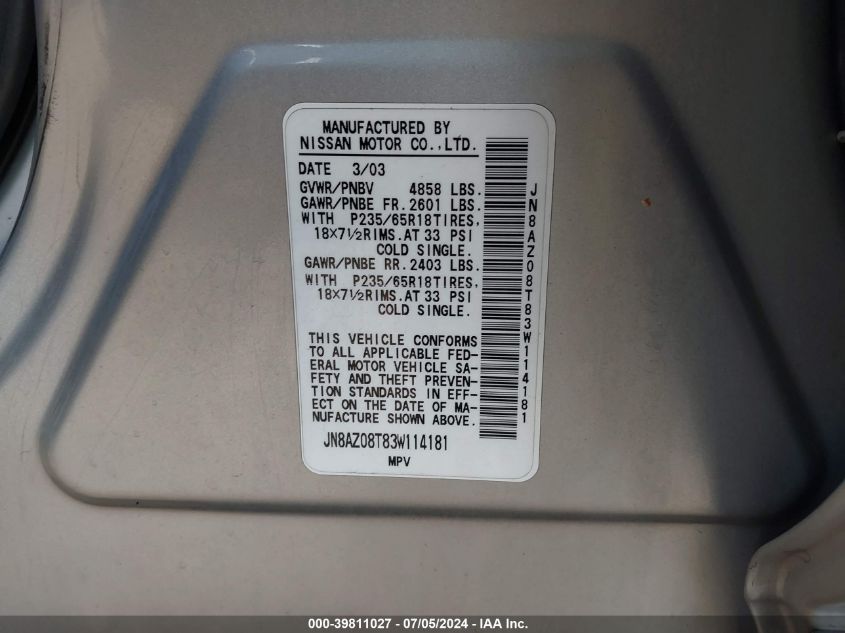 2003 Nissan Murano Se VIN: JN8AZ08T83W114181 Lot: 39811027