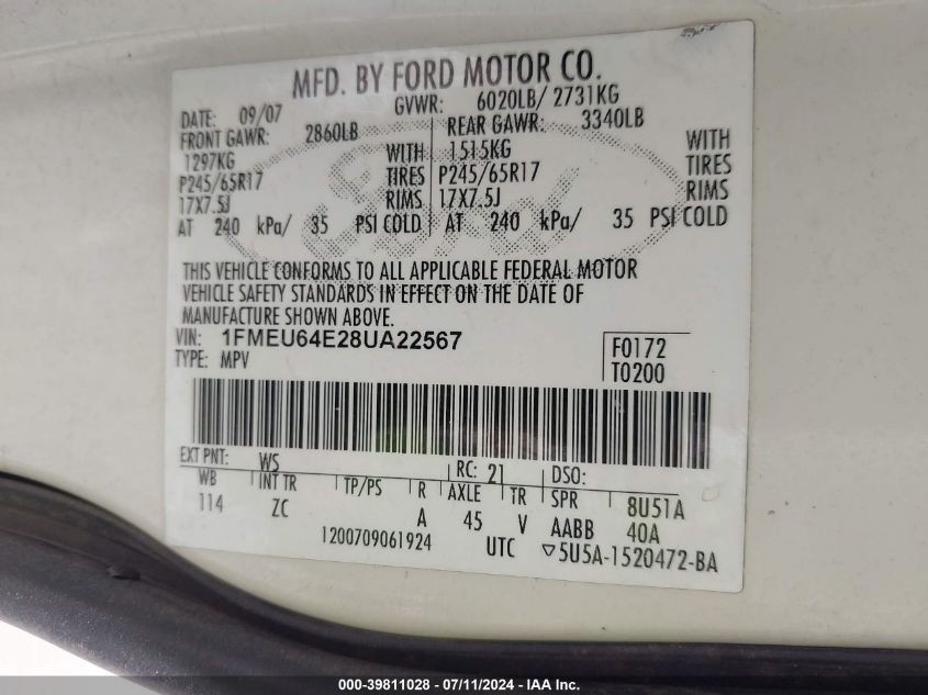 2008 Ford Explorer Eddie Bauer VIN: 1FMEU64E28UA22567 Lot: 39811028