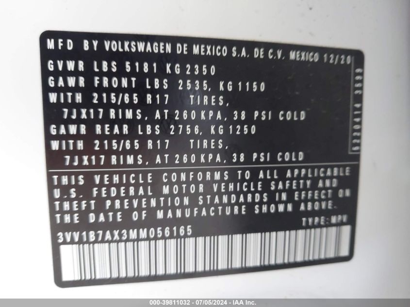 2021 Volkswagen Tiguan 2.0T S VIN: 3VV1B7AX3MM056165 Lot: 39811032
