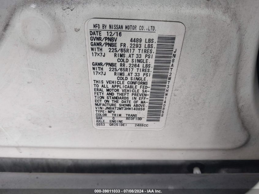 2017 Nissan Rogue S VIN: JN8AT2MT3HW140858 Lot: 39811033