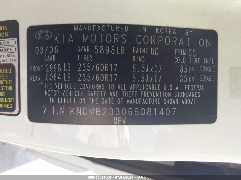 2006 Kia Sedona Ex/Lx VIN: KNDMB233066081407 Lot: 39811057