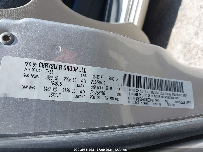 2011 Dodge Grand Caravan Crew VIN: 2D4RN5DG8BR729081 Lot: 39811068