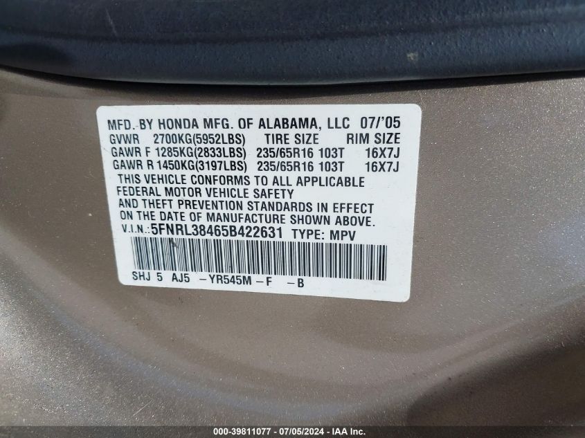 2005 Honda Odyssey Ex VIN: 5FNRL38465B422631 Lot: 39811077