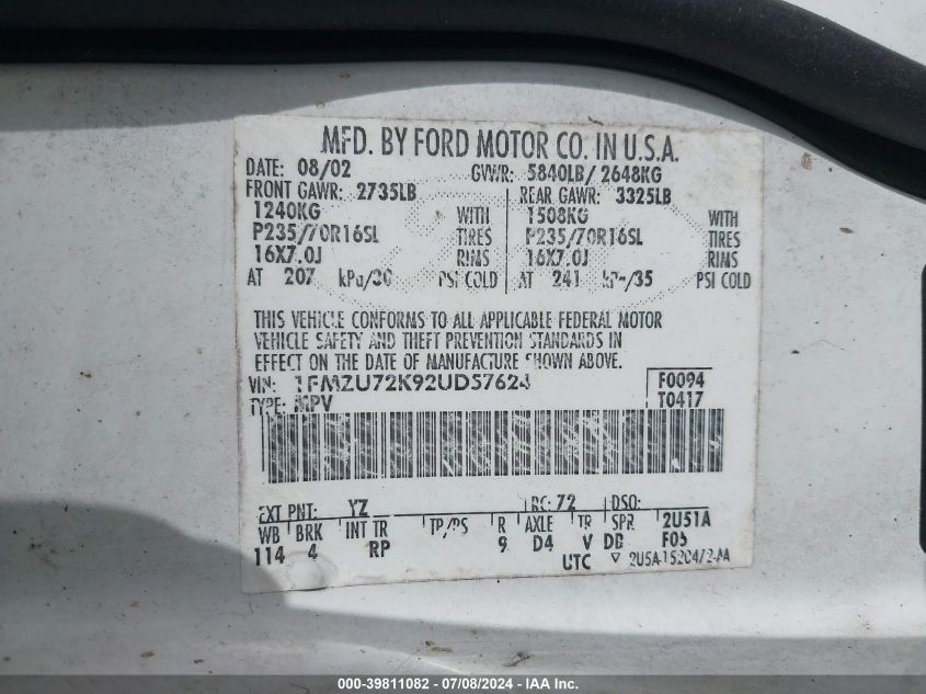 2002 Ford Explorer Xls VIN: 1FMZU72K92UD57624 Lot: 39811082