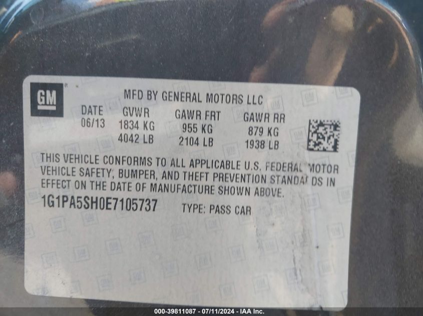 2014 Chevrolet Cruze Ls Auto VIN: 1G1PA5SH0E7105737 Lot: 39811087