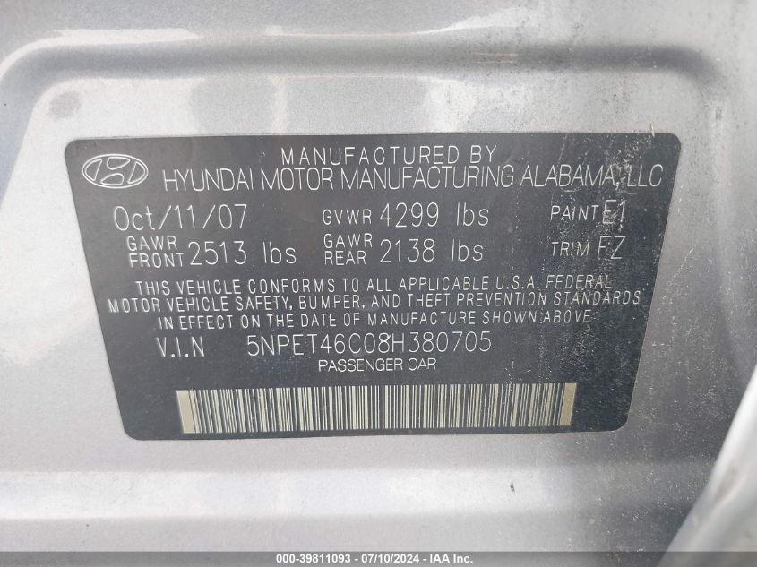 2008 Hyundai Sonata Gls VIN: 5NPET46C08H380705 Lot: 39811093