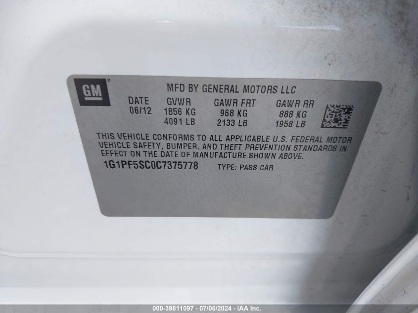 2012 Chevrolet Cruze 1Lt VIN: 1G1PF5SC0C7375778 Lot: 39811097