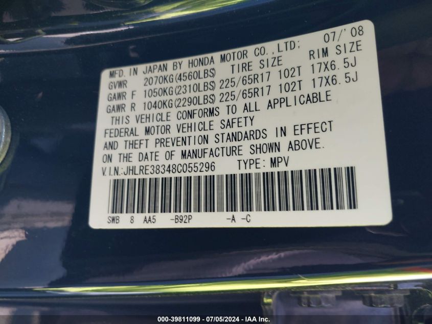 2008 Honda Cr-V Lx VIN: JHLRE38348C055296 Lot: 39811099