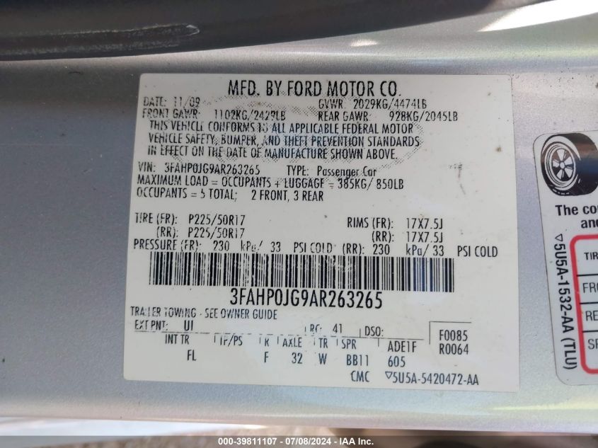 2010 Ford Fusion Sel VIN: 3FAHP0JG9AR263265 Lot: 39811107