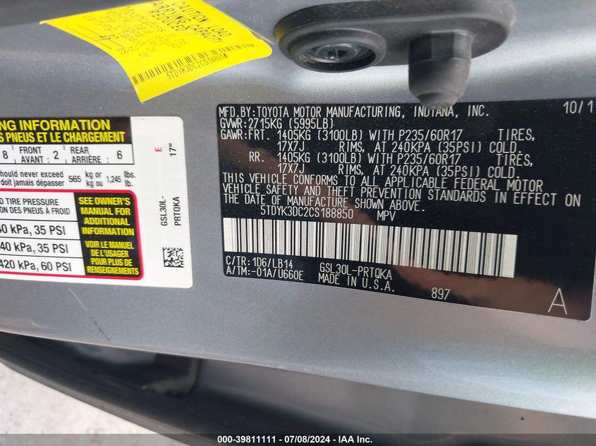 2012 Toyota Sienna Xle V6 8 Passenger VIN: 5TDYK3DC2CS188850 Lot: 39811111