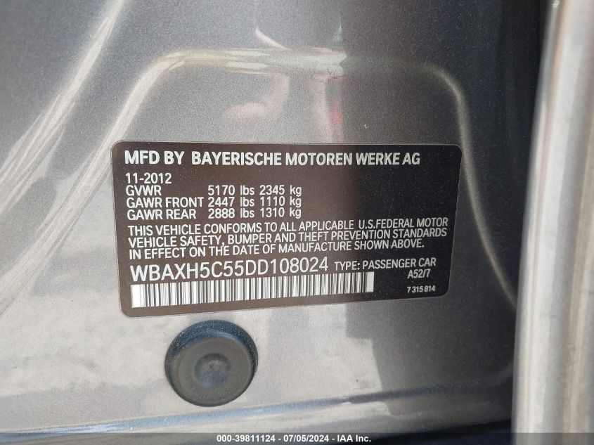 2013 BMW 528I xDrive VIN: WBAXH5C55DD108024 Lot: 39811124