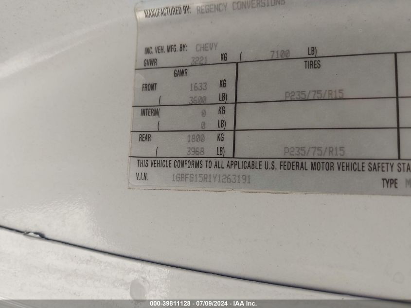 2000 Chevrolet Express G1500 VIN: 1GBFG15R1Y1263191 Lot: 39811128