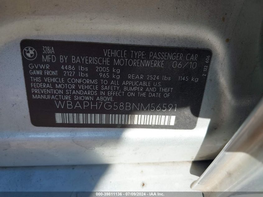 2011 BMW 328I I VIN: WBAPH7G58BNM56591 Lot: 39811136