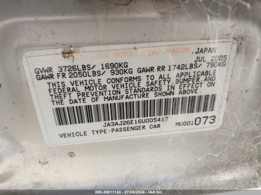 JA3AJ26E16U005417 2006 Mitsubishi Lancer Es/Se