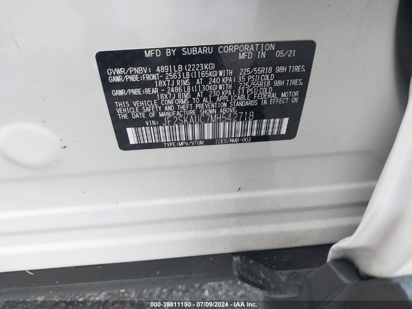2021 Subaru Forester Limited VIN: JF2SKAUC7MH542718 Lot: 39811150
