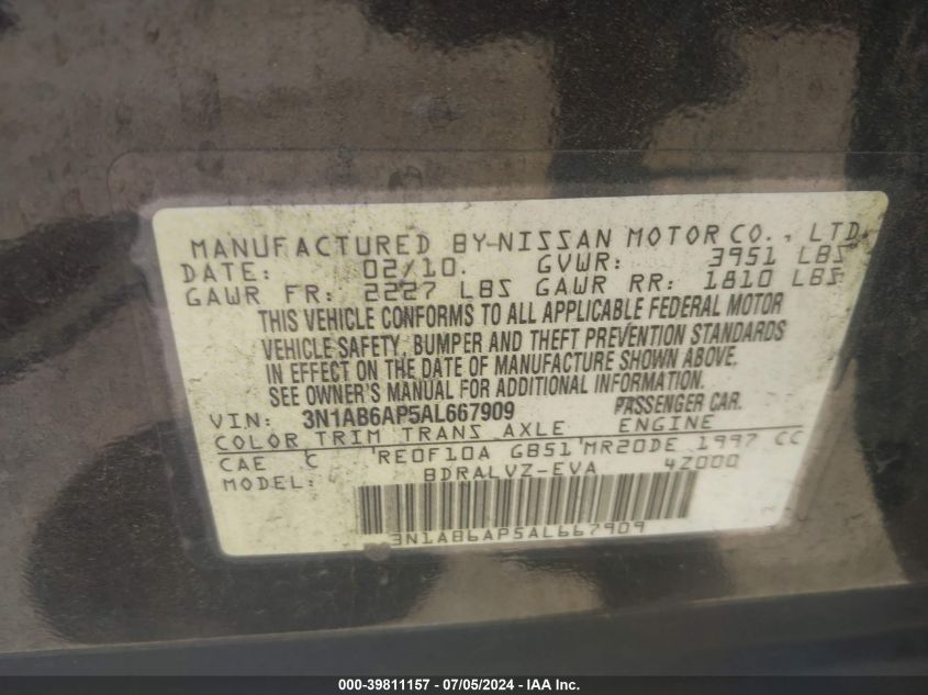 2010 Nissan Sentra 2.0Sl VIN: 3N1AB6AP5AL667909 Lot: 39811157